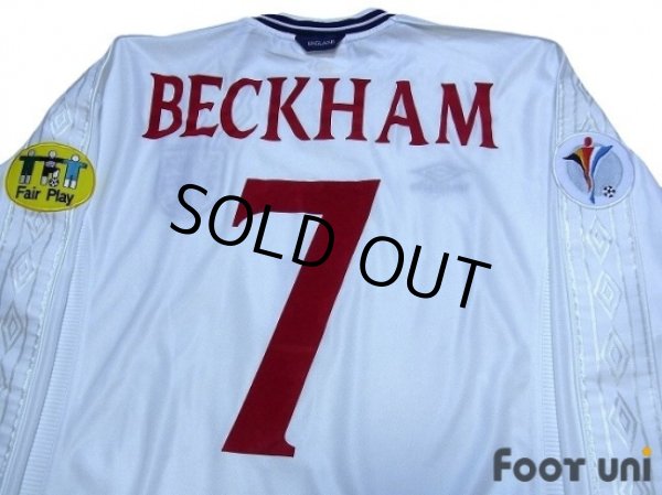 Photo4: England Euro 2000 Home Long Sleeve Shirt #7 Beckham UEFA Euro 2000 Patch Fair Play Patch (4)