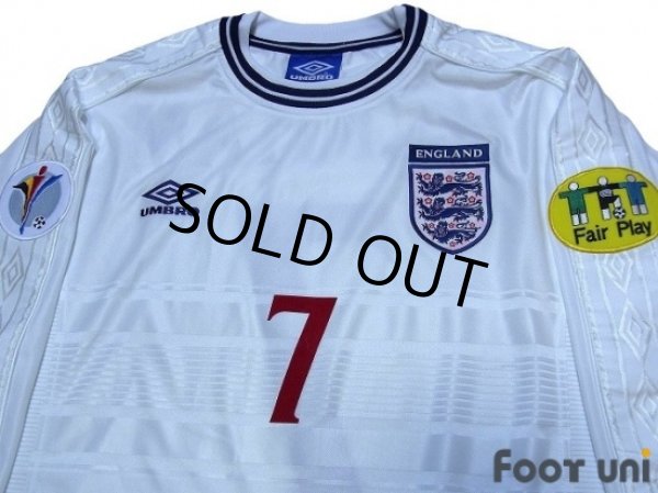 Photo3: England Euro 2000 Home Long Sleeve Shirt #7 Beckham UEFA Euro 2000 Patch Fair Play Patch (3)