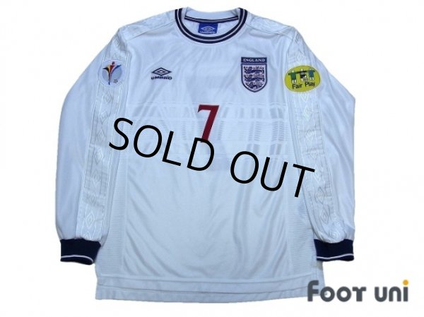 Photo1: England Euro 2000 Home Long Sleeve Shirt #7 Beckham UEFA Euro 2000 Patch Fair Play Patch (1)