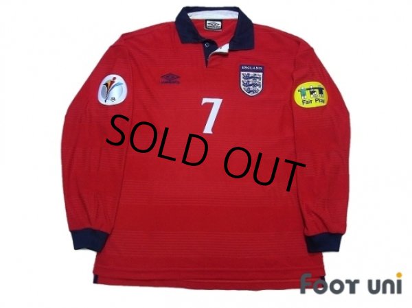 Photo1: England Euro 2000 Away Long Sleeve Shirt #7 Beckham UEFA Euro 2000 Patch Fair Play Patch (1)